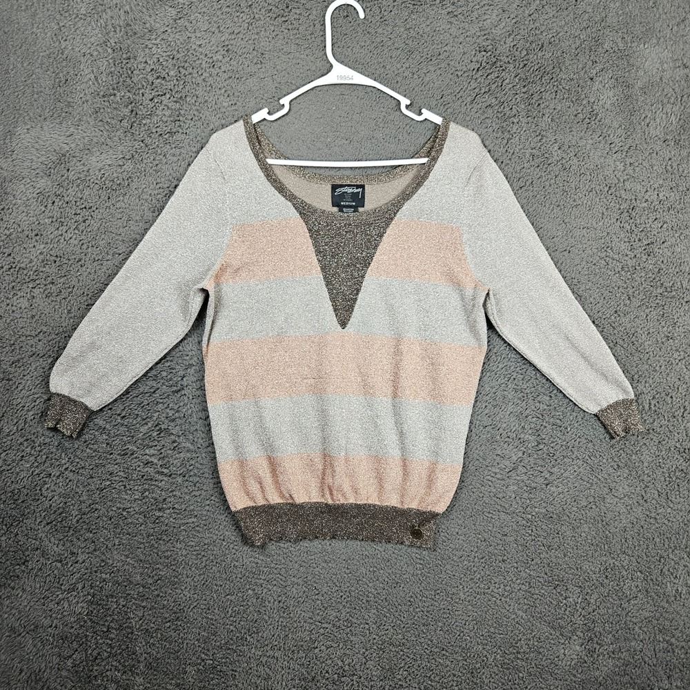 Stussy Womens Metallic Lurex Striped Scoop Neck Sweater Silver Pink Medium